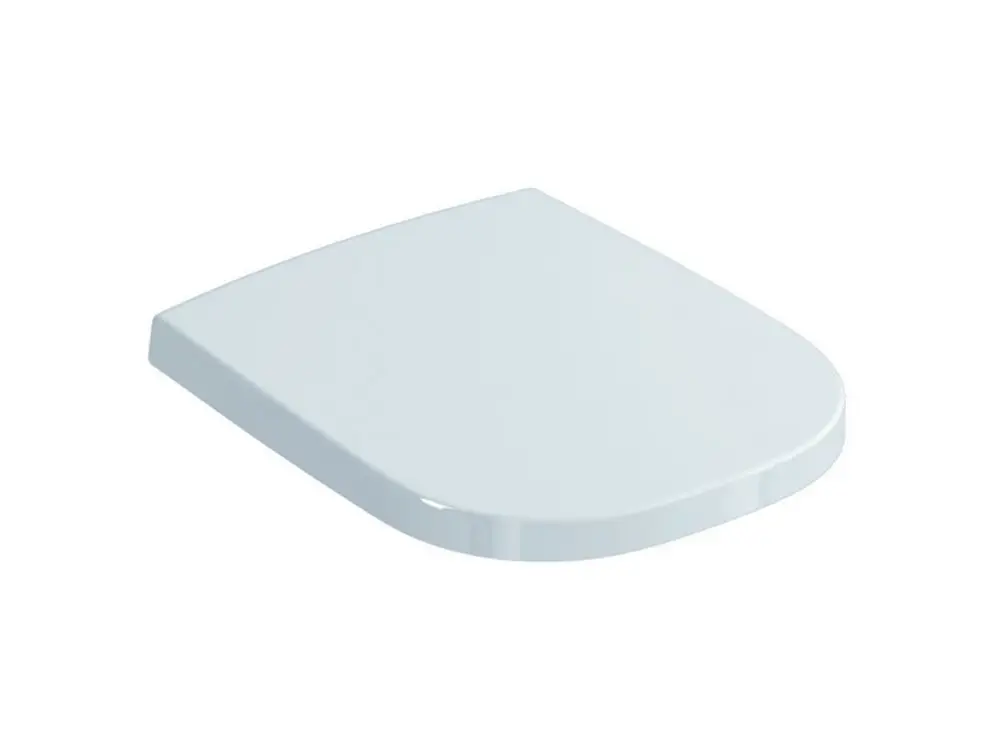 Weißer WC-Sitz von Ideal Standard mit abgerundeten Kanten, einfache Form und glatte Oberfläche, geeignet für gängige Toilettenmodelle.
